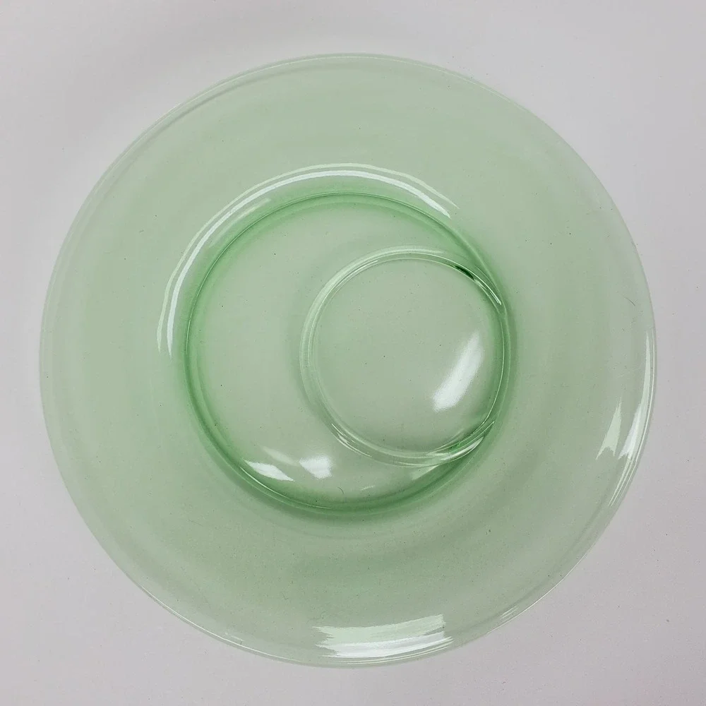 Vintage Green Uranium Glass Snack Plate 9 inch Round Cup Holder Depression Glass